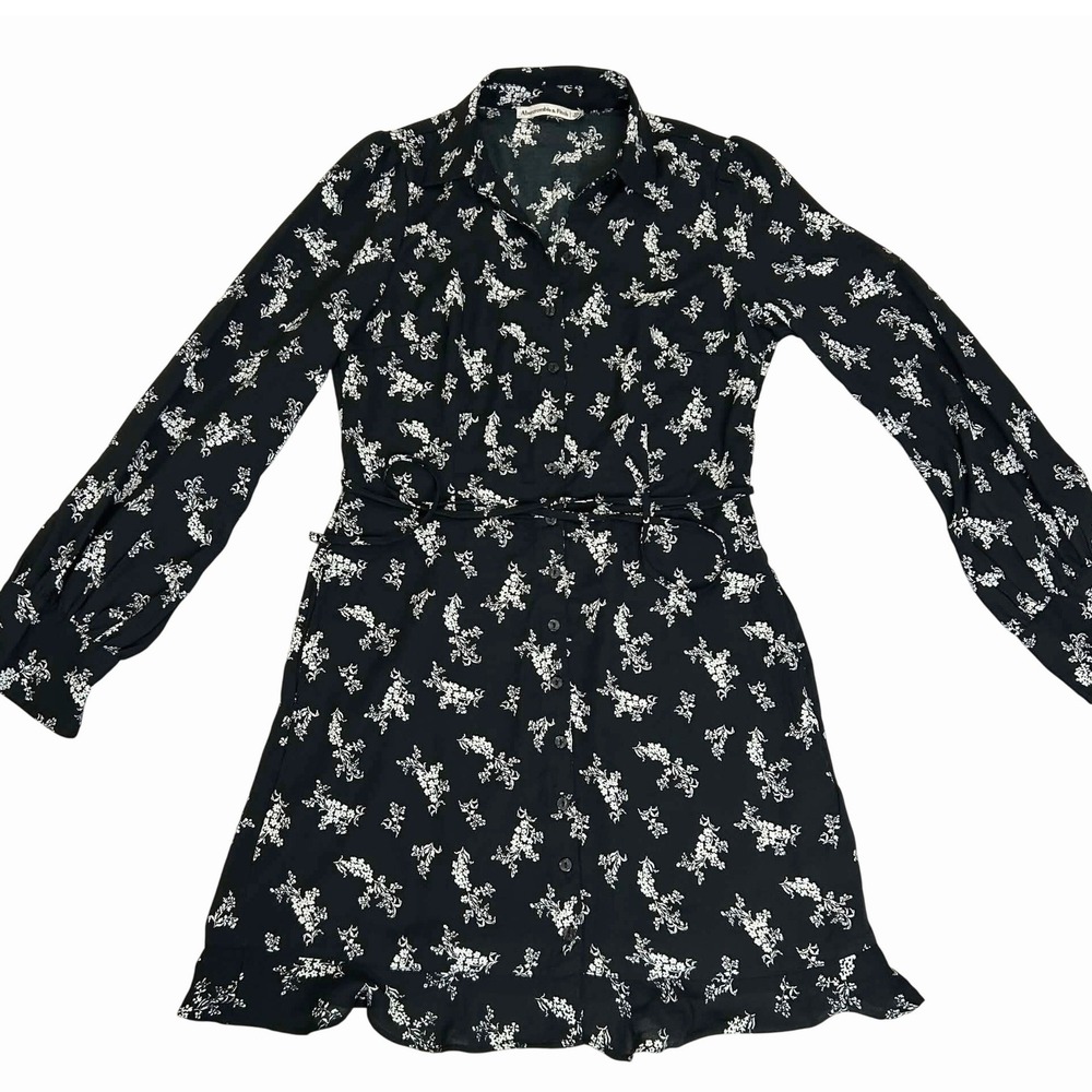 Abercrombie & Fitch Black Floral Button Front Mini Shirt Dress Long Sleeve XS